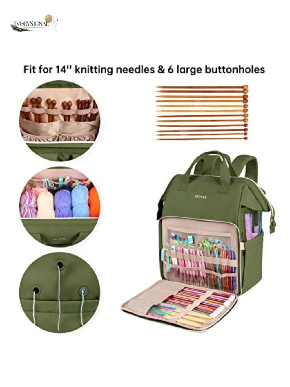 Knitting Bag Backpack, Yarn Storage Organizer, Large Crochet Tote with Pockets,